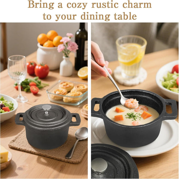 6 Pcs Mini Dutch Oven with Lids and Dual Handles round Small Iron Cocotte Pot Black Cast Iron Pot for Marinate Bake Refrigerate Cook Grill Garlic Roaster BBQ Stovetop Use (8 Oz)5
