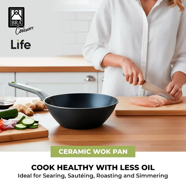 COOKWARE Life Ceramic Nonstick Wok | 11 Inches 6.6 Quarts Cast Aluminum | 11In 6.6Qt Cast Aluminum Stir-Frypan | 3Layer Ceramic Nonstick Asian Frypan | PFOA Free | Soft-Touch Handle | All Cooktop3