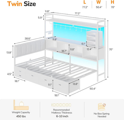 Twin Corner Bed Frame with Tall Storage Bookshelf, 5 Drawers & Power Strips2