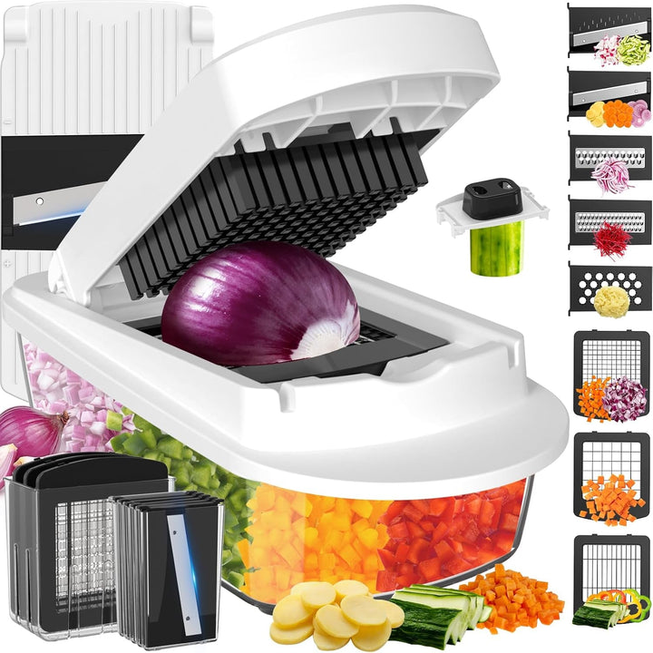 8-Blade Cook Tool & Gadget Sets, Chopper Slicer Grater Set, White | Vegetable Chopper Mandoline Slicer Food Grater with Container for Onion, Veggie Salad