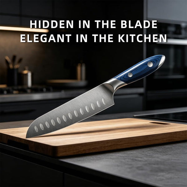 7 Inch Stainless Steel Kitchen Santoku Knife, Blue Pakkawood Handle8