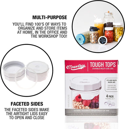Tough Tops - Ball Wide Mouth Mason Jar Lids Plastic Leakproof - Bpa-Free White Plastic Mason Jar Lids - Reusable Dry Canning Lids Fit Ball Jars (Ball Mason Jars Not Included)3