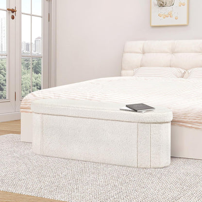 Ottoman with Storage for Living Room, Sherpa Folding Storage Ottoman Foot Rest, 43.3 Inches Collapsible Bedroom Bench White Cream8