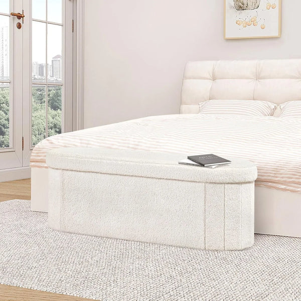 Ottoman with Storage for Living Room, Sherpa Folding Storage Ottoman Foot Rest, 43.3 Inches Collapsible Bedroom Bench White Cream8