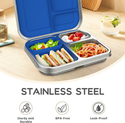 Stainless Steel Kids Leak-Resistant Bento Lunch Box, 3-Compartments with Silicone Container, Dishwasher-Safe, Child-Friendly Design for School, Picnics & Travel,Bpa-Free (Blue)3