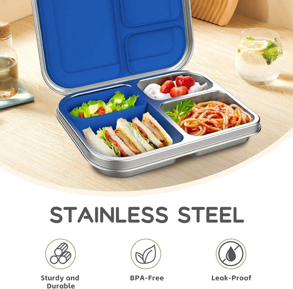 Stainless Steel Kids Leak-Resistant Bento Lunch Box, 3-Compartments with Silicone Container, Dishwasher-Safe, Child-Friendly Design for School, Picnics & Travel,Bpa-Free (Blue)3