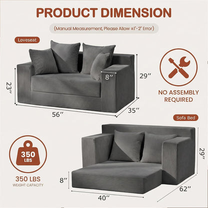 56" Boneless Couch, 5-In-1 Boneless Loveseat Sleeper Sofa Bed, Mini Convertible Pull Out Corduroy Futon Couch with Side Pockets & Handle, Folding Floor Sofa Bed with 4 Pillows for Small Space2