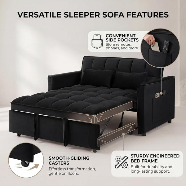 3 in 1 Convertible Sleeper Sofa Bed, 54'' Full Size Velvet Pull Out Futon Couch Recliner with Reclining Backrest & 2 Pillows, Small Loveseat Lounge Couches for Small Spaces (Black)4