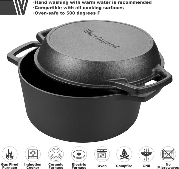 Pre-Seasoned Cast Iron Double Dutch Oven Pot with Skillet Lid, Dual-Handle, for Bread Baking, Outdoor, Campfire Cooking, 5 Quart4