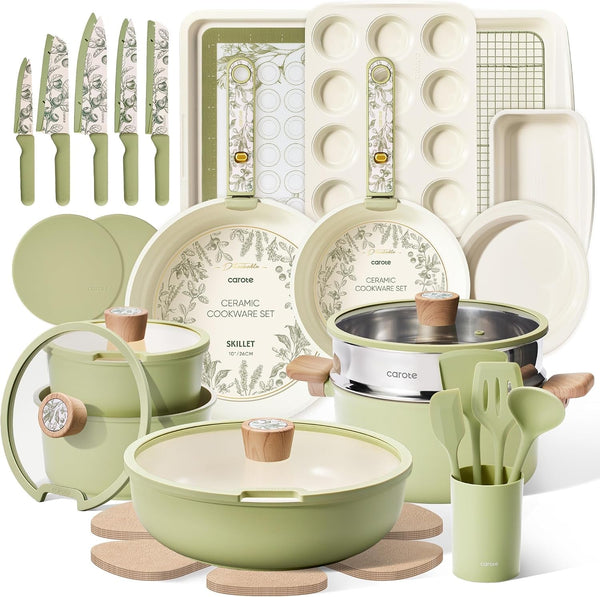 42Pcs Ceramic Cookware Set, Pots and Pans Set with Detachable Handle | Baking Pans Set, Knife Set, Non Stick, Induction Compatible, Dishwasher&Oven Safe, Space Saving, for Kitchen/Rv/Camping Green1