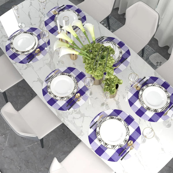 Purple & White round Placemat Cotton Buffalo Check Plaid Gingham 15 Inch Eco-Friendly Fabric Handcrafted Machine Washable Indoor & Outdoor Tablemat Set of 46