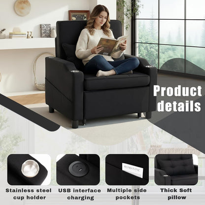Sleeper Chair,Single Armchair Sofa with Pillow,Adjustable Backrest Recliner Sofa Modern Pull Out Couch Bed with USB Port Cup Holder Side Pocket for Living Room Bedroom(Black)6