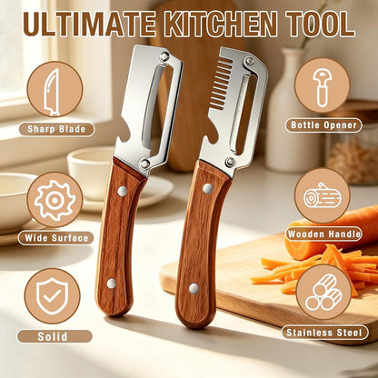 Multifunctional Vegetable Peeler 3-In-1, Julienne Peeler, Fruit Peeler Knife with Ergonomic Wood Handle, Stainless Steel Blade for Efficient Peeling, Grating & Slicing（2Pcs)2