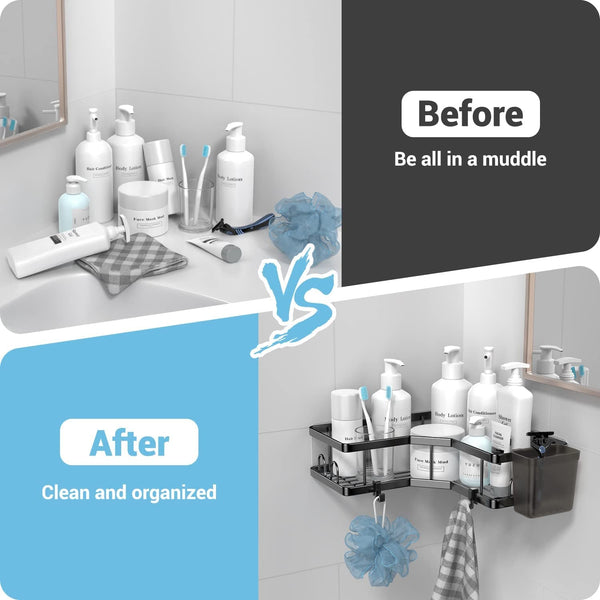 Corner Shower Caddy, 2 Pack Adhesive Shower Corner Organizer Shelves, No Drilling Stainless Steel Shower Storage Rack with Hooks&Toothpaste Holder for Bathroom Kitchen （For 90° Corners Only）5