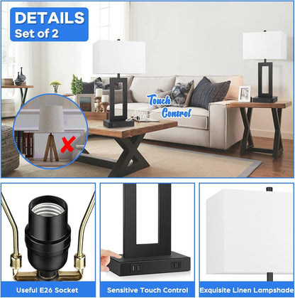 22" Table Lamp Set of 2, Modern Touch Control Lamp with 2 USB Ports6