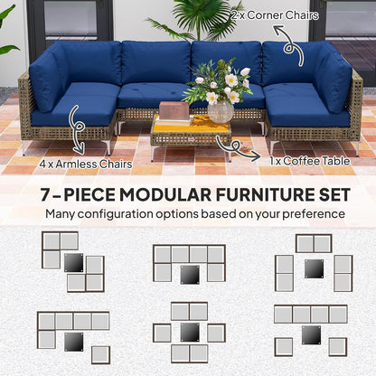 7 Piece Wicker Patio Furniture Set Modular Rattan Brown/Dark Blue4