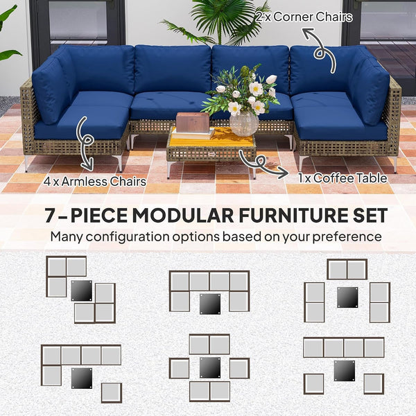 7 Piece Wicker Patio Furniture Set Modular Rattan Brown/Dark Blue4