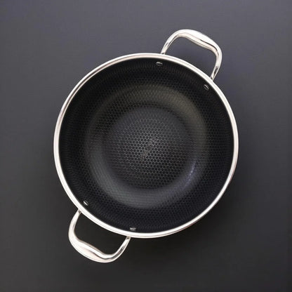 Stainless Steel Wok 32 Cm/6.5 L with Glass Lid – Kadai with Two Ear Handles – Hybrid Honeycomb Nonstick, Pfoa-Free, EU Approved – Stay-Cool Handles – Induction, Oven & Dishwasher Safe Cookware6