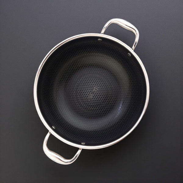 Stainless Steel Wok 32 Cm/6.5 L with Glass Lid – Kadai with Two Ear Handles – Hybrid Honeycomb Nonstick, Pfoa-Free, EU Approved – Stay-Cool Handles – Induction, Oven & Dishwasher Safe Cookware6