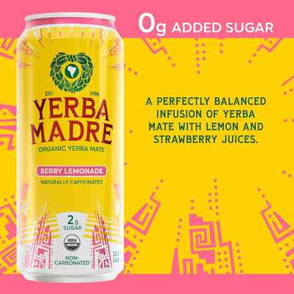 Yerba Madre Organic Yerba Mate, Low Sugar Berry Lemonade, 150Mg Natural Caffeine, Energy Drink Alternative, No Jitters or Crash, 15.5 Oz (Pack of 12)3