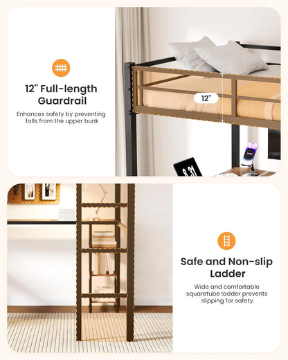 Full Loft Bed with Desk & Shelves for Teens/Adults, Guardrails, Ladder3