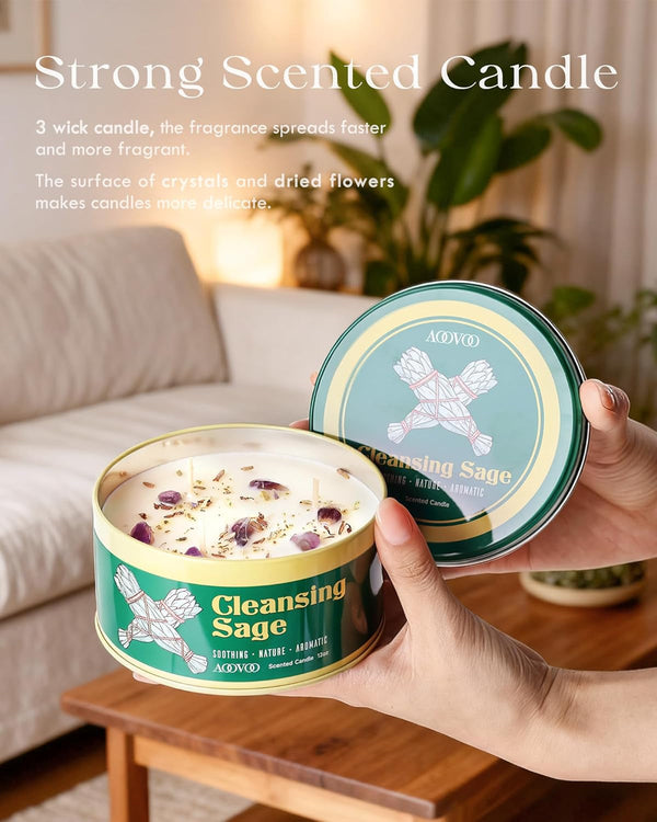 Sage Candle for Cleansing - 3 Wick 12Oz Large Scented Candle with Crystals & Sage Leaves Inside, Soy Candles Non Toxic for Meditation Spiritual Gift, Aromatherapy Candle for Women Men2