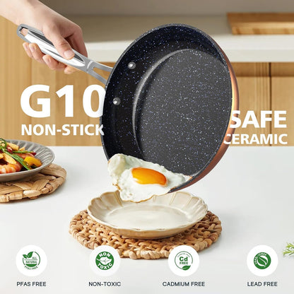 3-Piece 8”, 10”, 12” Forged Lightweight Frying Pan Set, Cozy Blue | G10 Healthy Duralon Blue Ceramic Ultra Non-Stick, Ergonomic Stay-Cool Handles, Induction-Ready & Works on All Cooktops2