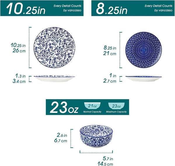 SELENE Plates and Bowls Set for 4, 12 Pieces Dinnerware Sets, Mircowave and Dishwasher Safe Dishes Set, Porcelain Blue Dinnerware2
