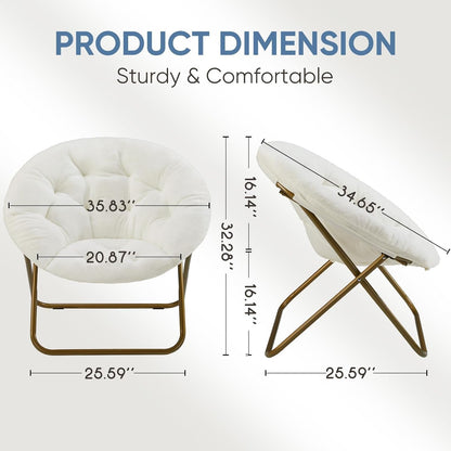 Faux Fur Saucer Chair, Foldable Comfy Chair for Bedroom, White | Lounge XL Moon Mushroom Style, Circle round Oversized Accent Seat, Gaming Dorm Small Spaces, Comfortable Modern3