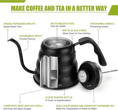 Tea Kettle with Thermometer,Black Gooseneck Coffee Kettle Pot Stovetop,40Oz | Stovetop Tea Kettle,Teapot Pour over Kettle,1200Ml,6 Cup, 1Pack4