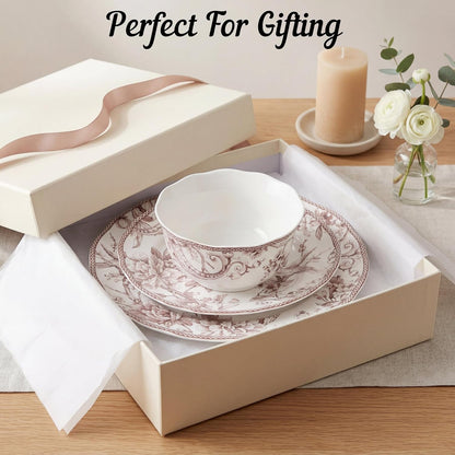 Adelaide Brown on White 12-Piece Dinnerware Set – Service for 4, Big Dinner Plates and Bowls Sets,Durable Porcelain, Microwave and Dishwasher Safe, for Everyday Dining & Entertainment5