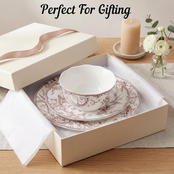 Adelaide Brown on White 12-Piece Dinnerware Set – Service for 4, Big Dinner Plates and Bowls Sets,Durable Porcelain, Microwave and Dishwasher Safe, for Everyday Dining & Entertainment5