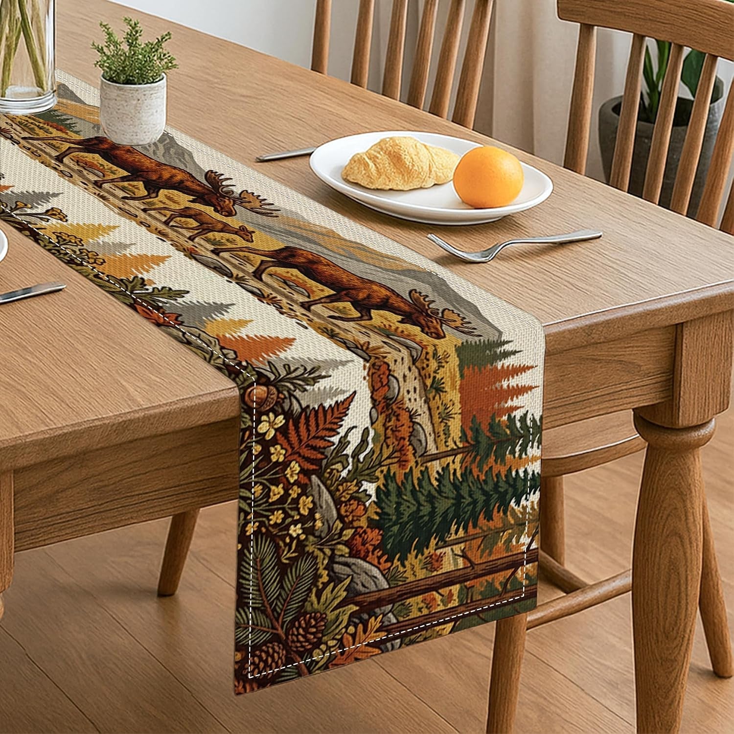 cabin-fall-moose-deer-table-runner-13x60-inch-for-living-room-autumn-nature-woodland-wildlife-small-short-dining-linen-table-runner-hunting-print-decoration-for-house-kitchen-party
