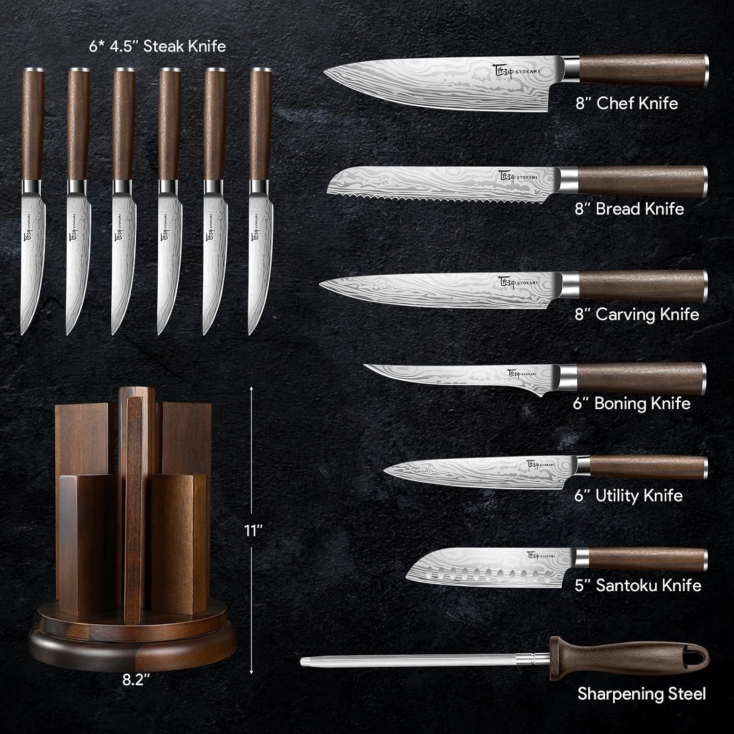 14-piece-kitchen-knife-set-with-magnetic-block-new-for-2026-360-rotatable-block-japanese-style-chef-knife-steak-knife-set-with-sharpener-wood-handle-damascus-pattern-ideal-gift