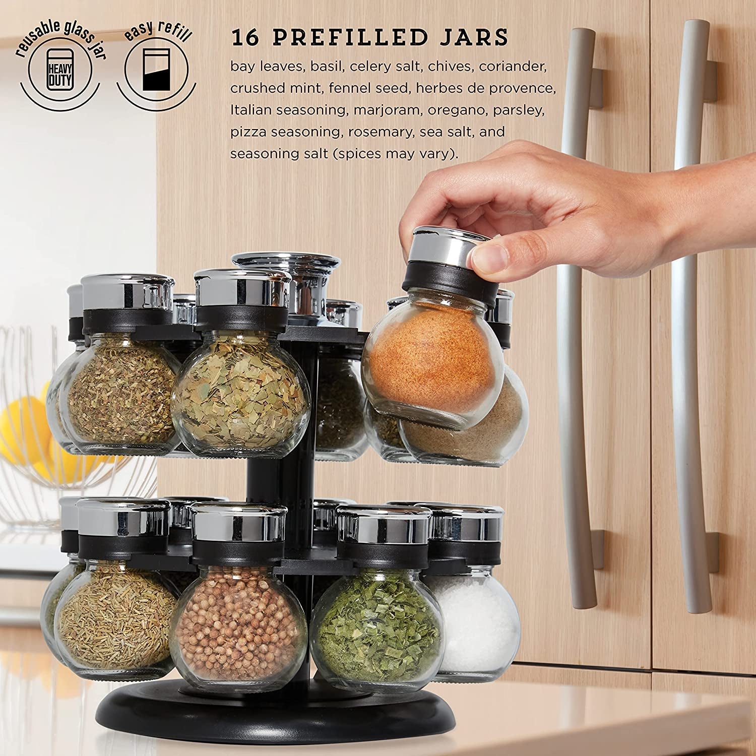 16-jar-ellington-revolving-countertop-spice-rack-with-lift-pour-caps-and-spices-included-free-spice-refills-for-5-years-black-and-chrome