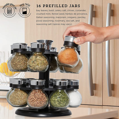 16 Jar Ellington Revolving Countertop Spice Rack with Lift & Pour Caps and Spices Included, FREE Spice Refills for 5 Years: Black and Chrome2