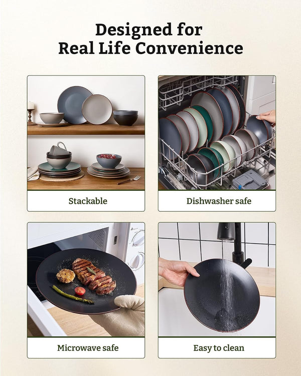 Venus Plates and Bowls Sets, 12Pcs Stoneware Dinnerware Set for 47