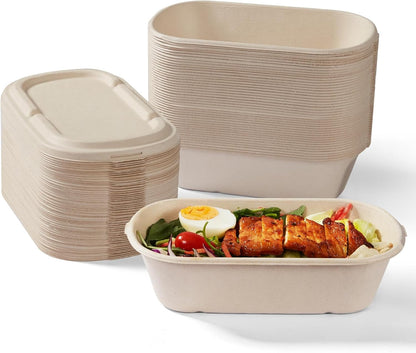 [100% Eco-Friendly] 34 Oz Disposable Food Containers with Lids – Sugarcane Pulp Take Out Containers, Biodegradable Lunch Box, Compostable and Microwave Safe To-Go Boxes for Meal Prep – Pack of 501