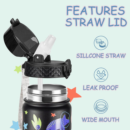 Kids Water Bottle (Straw Lid) - 14 Oz Stainless Steel Travel Bottle, Double Wall Vacuum Leak Proof Kids Cup for School Boys Girls,Space Dinosaur3