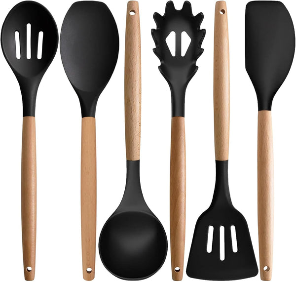 Silicone Kitchen Utensils Set of 6, Cooking Utensils Set with Heat Resistant Wooden Handle, Nonstick Silicone Spatula Spoon Turner Ladle, Cooking Kitchen Gadget for Cookware & Baking BPA FREE1