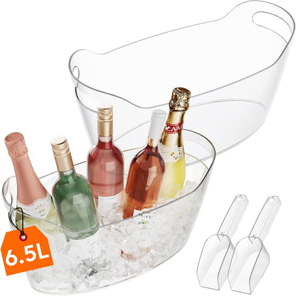 6.5L Plastic Ice Bucket for Parties with Handle & Scoop, 2 Pcs | Thickened Drop-Resistant Beverage Tub for Champagne, Wine, Beer, Juice, Drink Cooler for Mimosa & Soda Bar, Table Chiller1