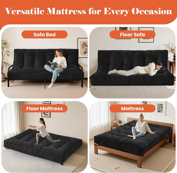 8" Futon Mattress Full Size, Futons Sofa Bed Sleeper Couch Bed, Roll up Mattress with Shredded Foam & 2 Straps for Storage, Futon Floor Mattress for Living Room, Corduroy (Frame Not Included)4