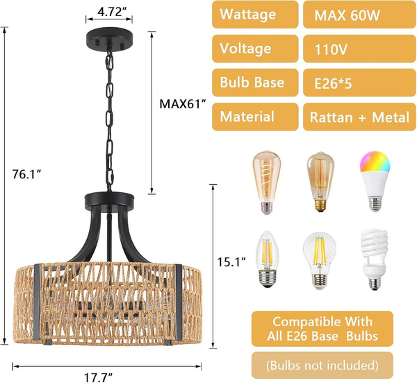 Farmhouse Chandeliers for Dining Room, 5-Light 17.7”Rattan Light Fixture with Wicker Lampshade Hand Woven Boho Chandelier for Kitchen Island, Living Room, Bedroom(E26 Bulbs Not Included)2