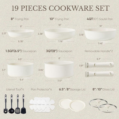 19Pcs Pots and Pans Set Non Stick, Detachable Handle Cookware | Kitchen Cooking Sets, Space Saving, Dishwasher & Oven Safe, Non-Toxic, for Camping/Rv/Traveling, Cream White2