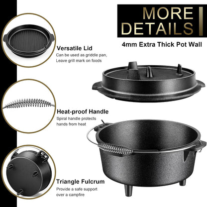 Pre-Seasoned Cast Iron Camp Dutch Oven, 5QT Pot & 2QT Skillet Lid | Open Fire Camping Cookware Set for Outdoor Campfire Cooking - Stewing Chicken,Baking Sourdough Bread, plus Cleaner, Oven Safe2