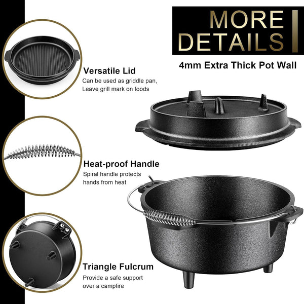 Pre-Seasoned Cast Iron Camp Dutch Oven with Accessories, 5QT Pot | Open Fire Camping Cookware with 2QT Skillet Lid for Outdoor Campfire Cooking - Baking Sourdough Bread, Oven Safe3