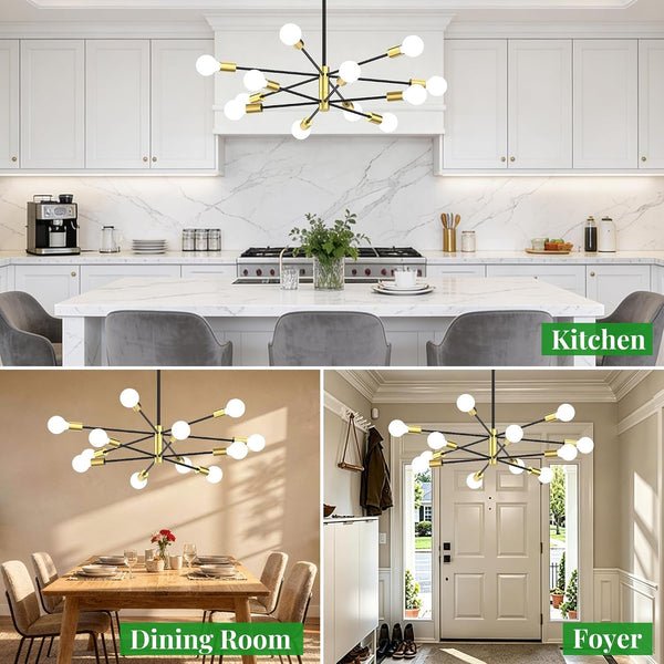 Sputnik Chandelier 12-Light, Mid Century Modern Height Adjustable Ceiling Light Fixture for Dining Room, Kitchen Island, Living Room,Bedroom-Black and Gold9