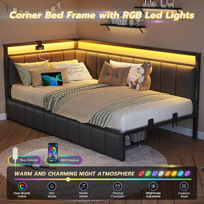 Twin Corner Bed Frame with 2 Storage Drawers and Charging Station Twin Bed Frames with Storage and Led Lights Twin Size Daybed for Kids Teen with Upholstered Guardrail,No Box Spring Needed,Gray3