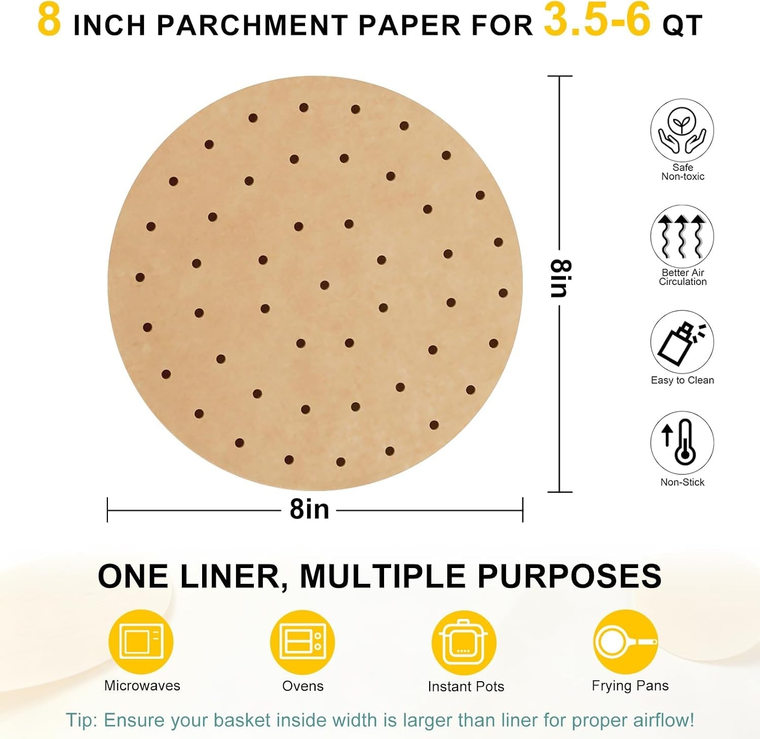 air-fryer-parchment-paper-liners-8-inch-100-pcs-pre-cut-non-stick-unbleached-paper-fits-3-5-6qt-air-fryers-disposable-and-durable-microwave-and-steaming-basket-safe