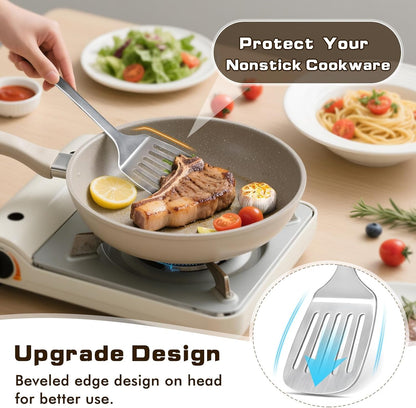 4 Pcs Cooking Utensils Set, Stainless Steel Kitchen Utensils, Heat Resistant Metal Kitchen Tools Include Solid & Slotted Turner Wok Spatula, Serving Spoon, Ergonomic Handle, Easy to Clean, Silver5
